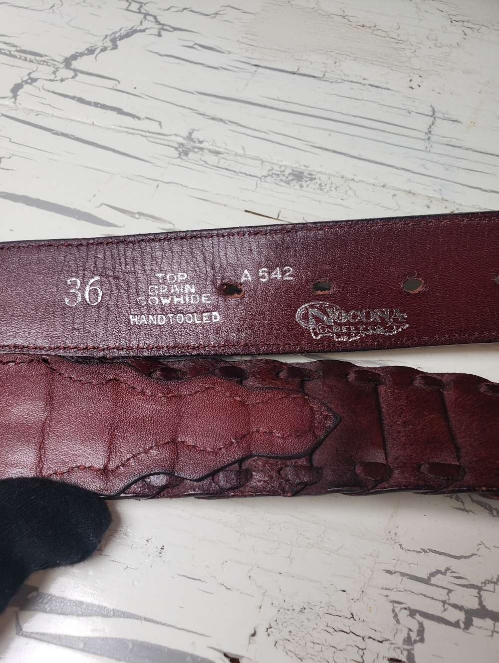 Nocona Hand-Tooled Cowboy Belt style A 542 in Deep Mahogany - size 36 - Picture 13 of 16